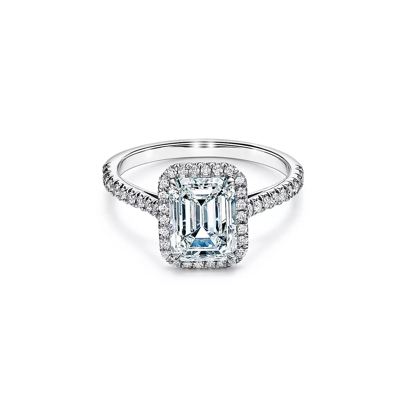 Emerald-cut Halo Engagement Ring with Diamond Band